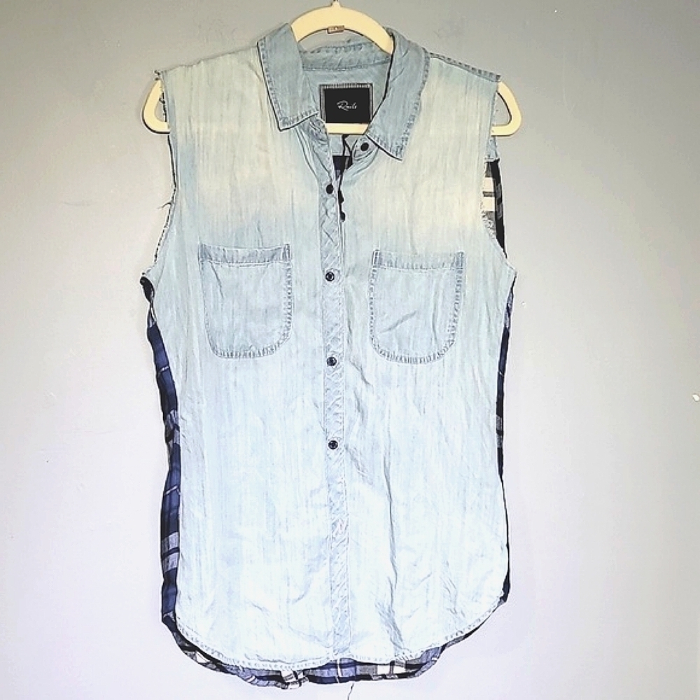 Rails Plaid Tencel Denim Sleeveless Front Pocket Top